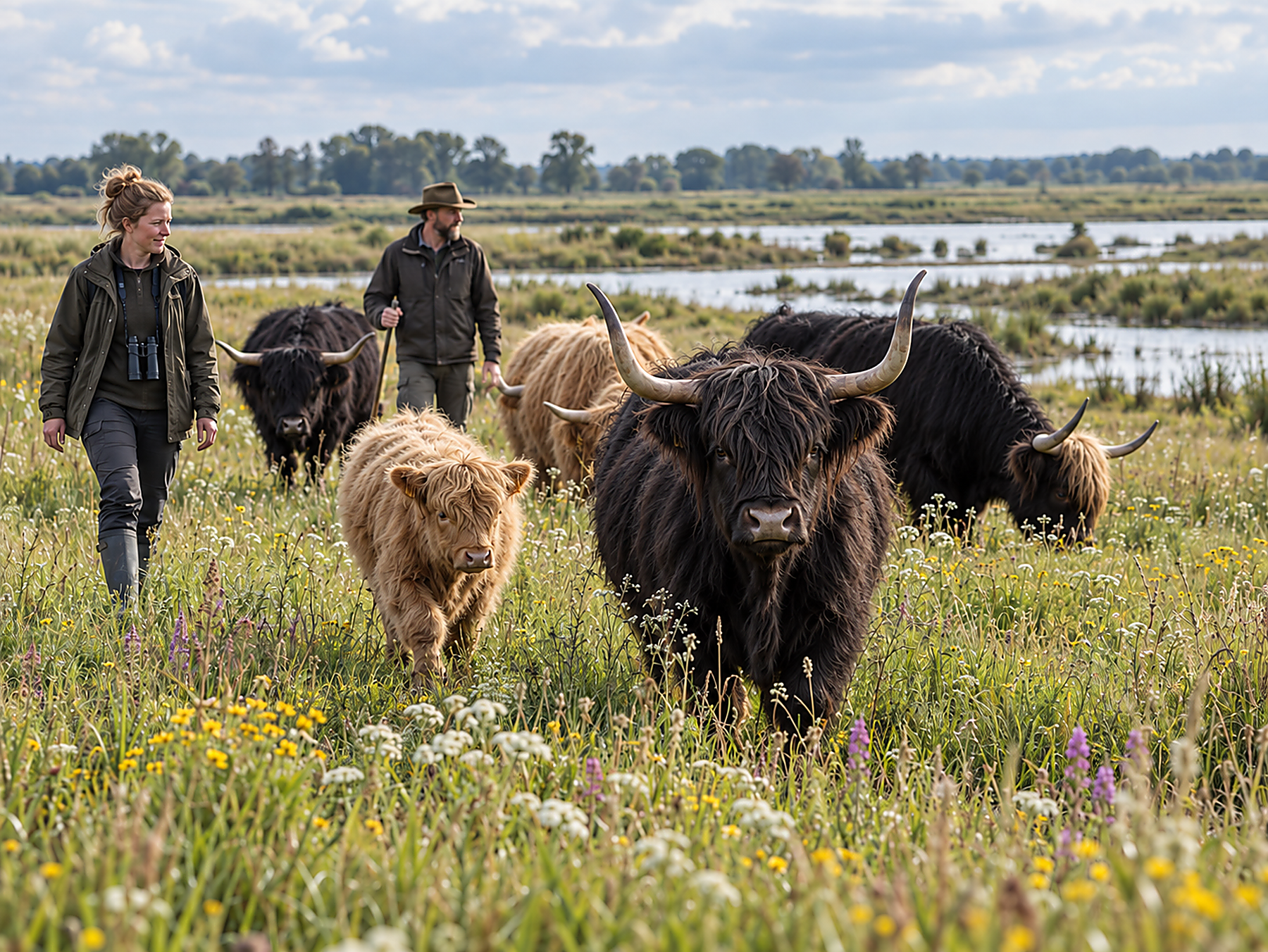 Highland-Rinder in schwarzen und hellen Farbschlägen auf einer artenreichen Weide