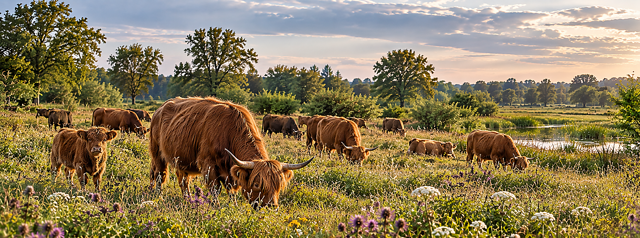 Rinderherde in einer blütenreichen Weidelandschaft